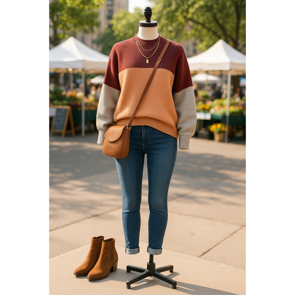 Free People Easy Street Oversized Colorblock Tunic Sweater Peach Combo Size M - Picture 1 of 8